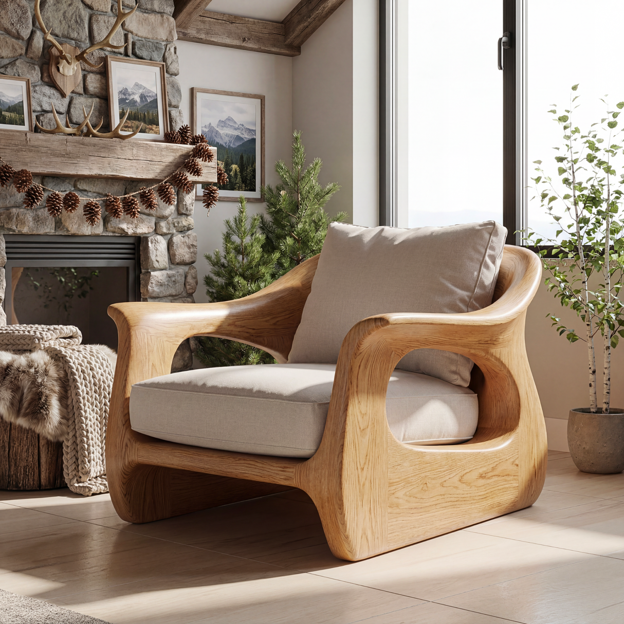Rustic Solid Wood Lounge Chair with Organic Carved Arms