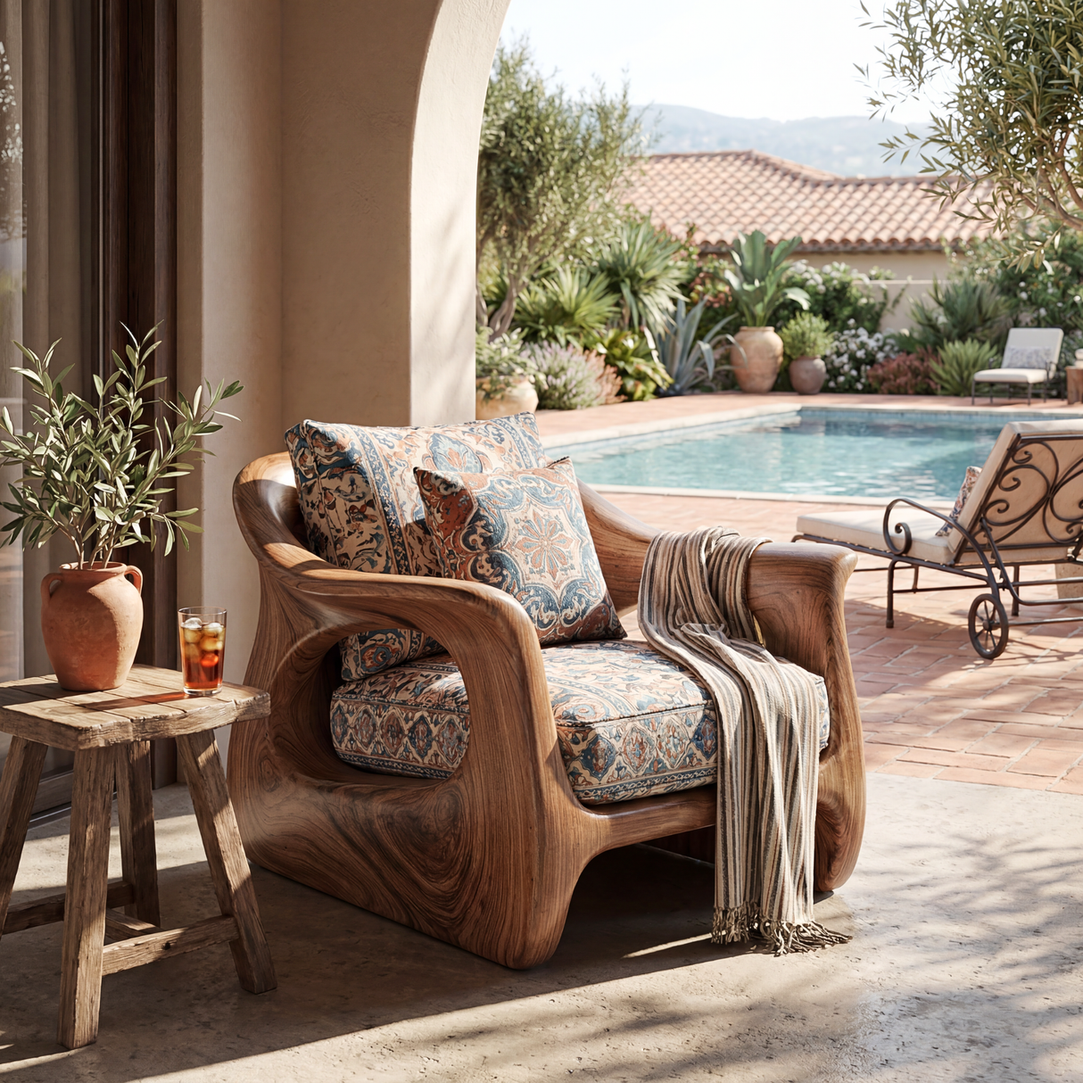 Rustic Solid Wood Lounge Chair with Organic Carved Arms