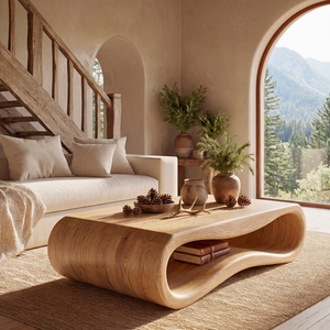 Organic Solid Wood Coffee Table with Sculptural Open Base