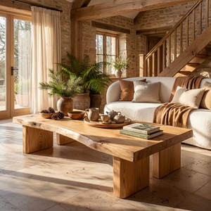 Solid Wood Coffee Table with Live Edge Top and Block Legs