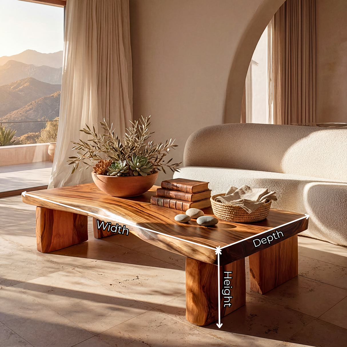 Solid Wood Coffee Table with Live Edge Top and Block Legs