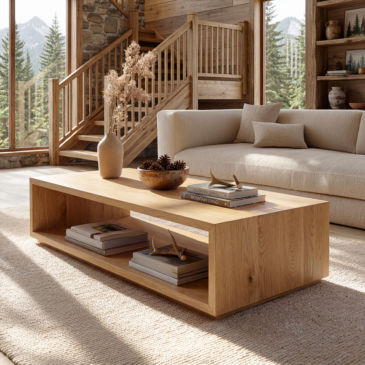Minimalist Solid Wood Coffee Table with Open Shelf Storage