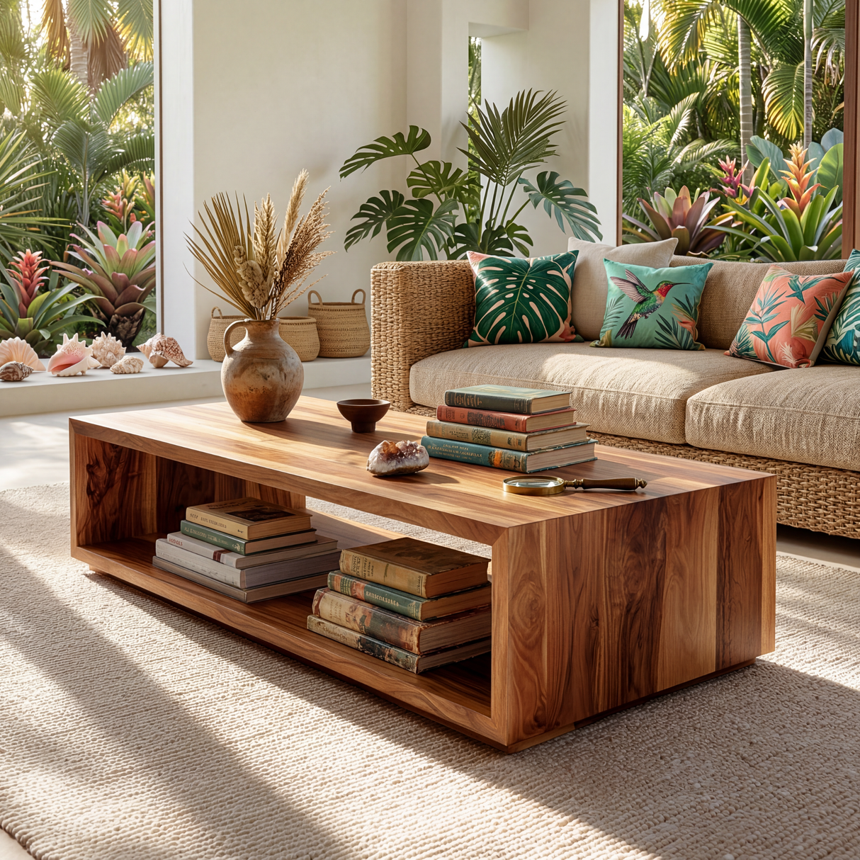 Minimalist Solid Wood Coffee Table with Open Shelf Storage