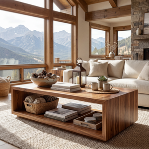 Minimalist Solid Wood Coffee Table with Open Shelf Storage