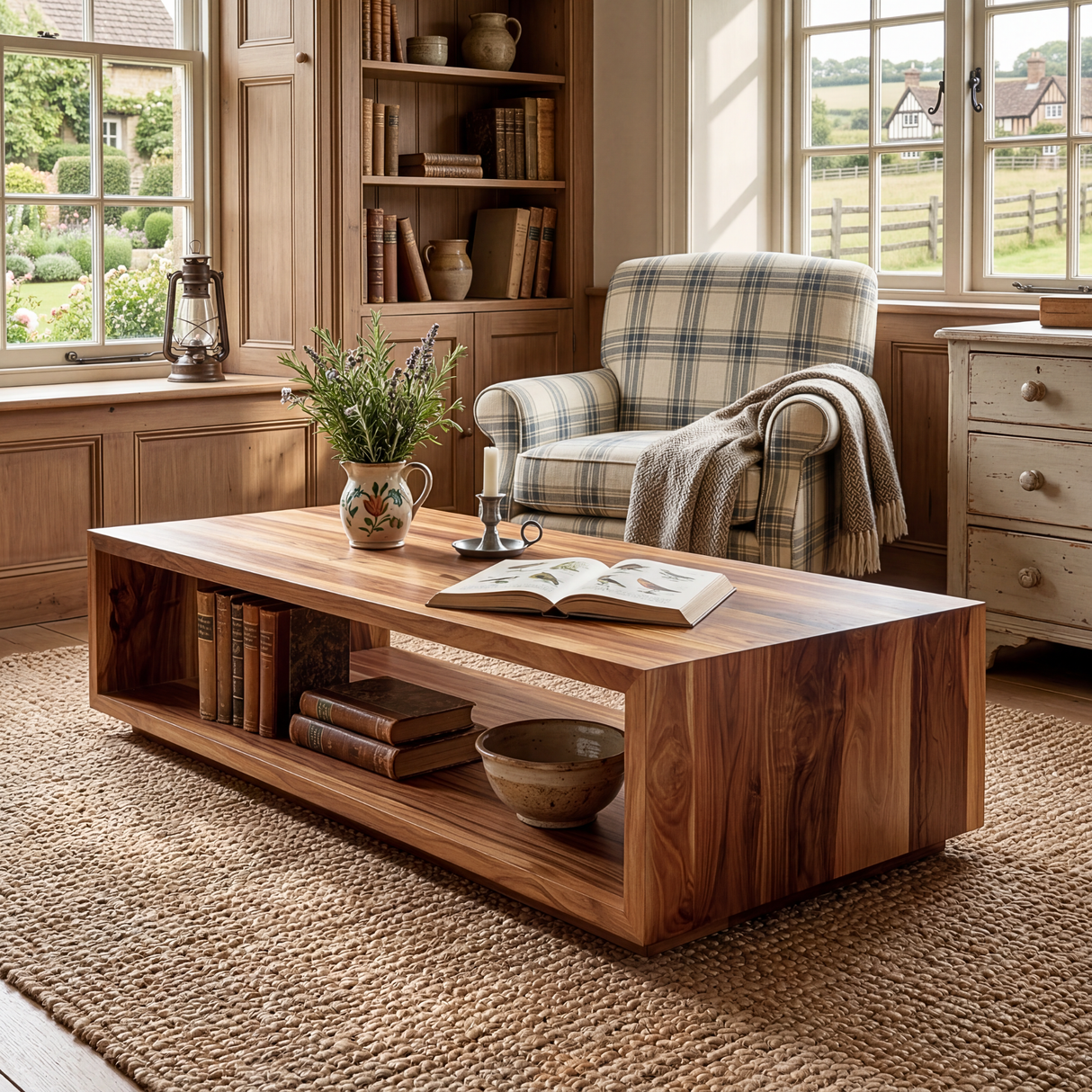 Minimalist Solid Wood Coffee Table with Open Shelf Storage