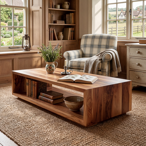 Minimalist Solid Wood Coffee Table with Open Shelf Storage