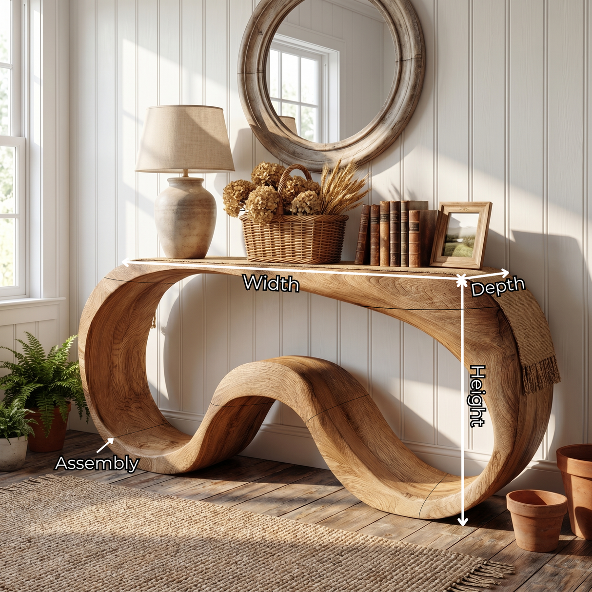 Organic Solid Wood Console Table with Continuous Wave Base
