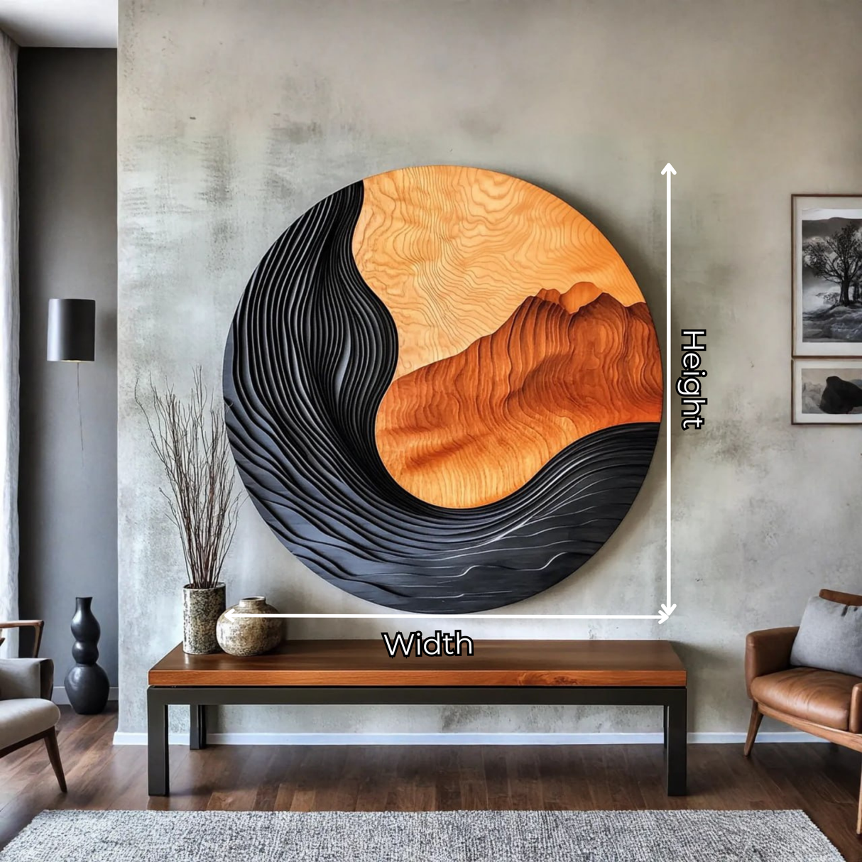 Handcrafted Solid Wood Wall Art with Circular Landscape Relief Design