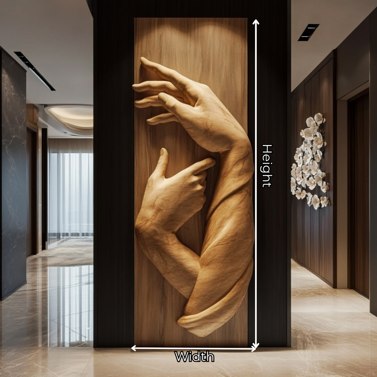 Monumental Solid Wood Wall Sculpture with Intertwined Hands Relief Panel