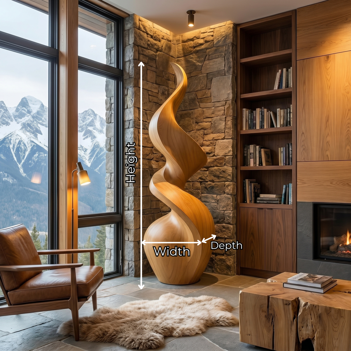 Handcrafted Solid Wood Floor Sculpture with Twisting Flame Form
