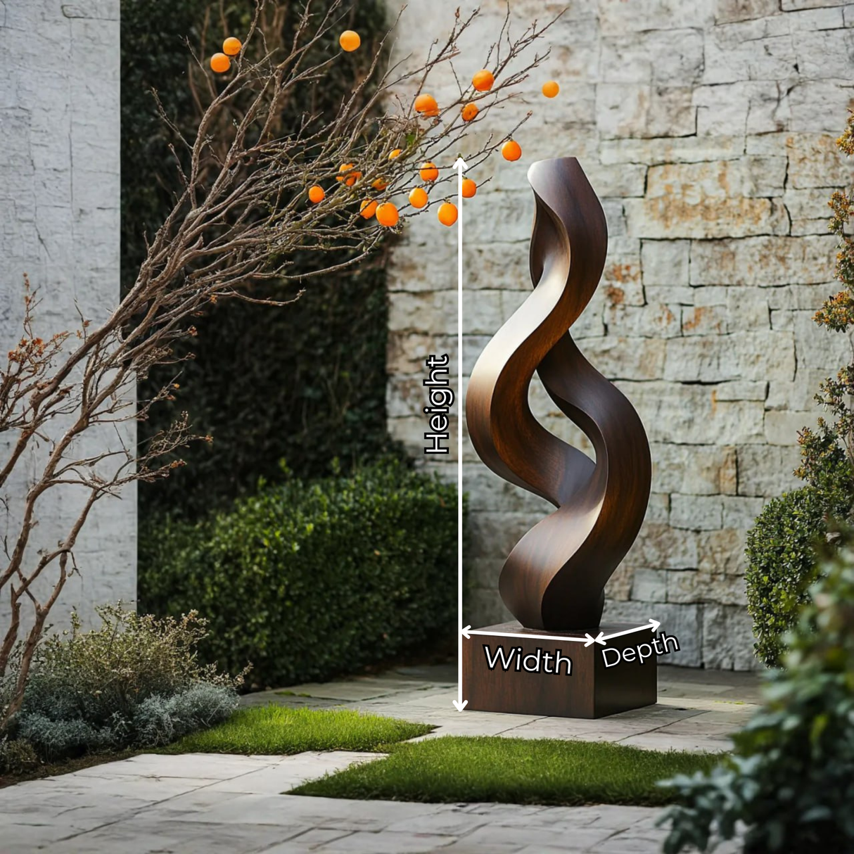 Handcrafted Solid Wood Outdoor Sculpture with Twisting Ribbon Form