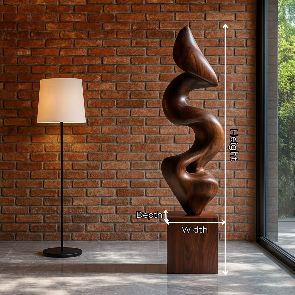 Handcrafted Solid Wood Floor Sculpture with Flowing Vertical Ribbon Form