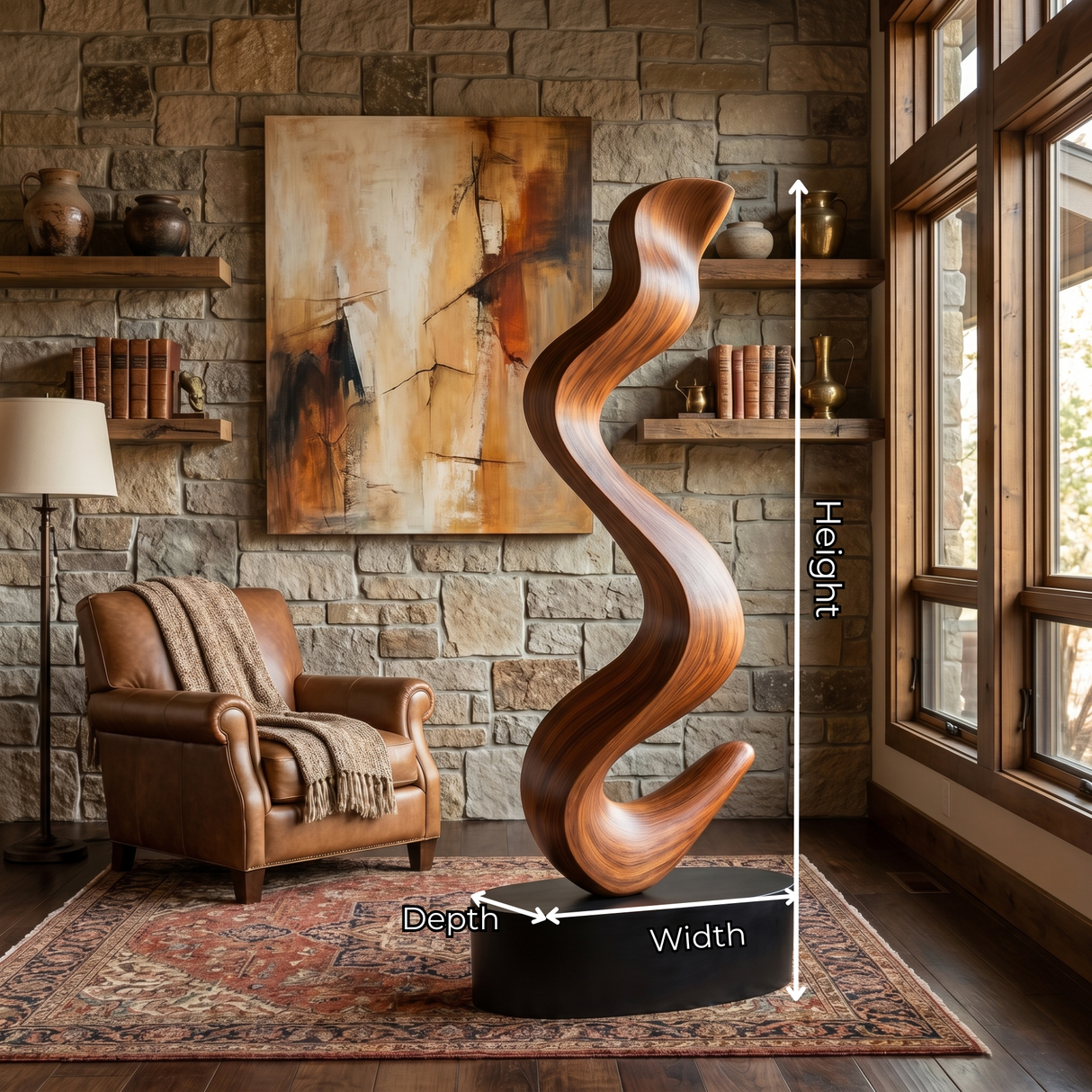 Handcrafted Solid Wood Floor Sculpture with Flowing Organic Wave Form