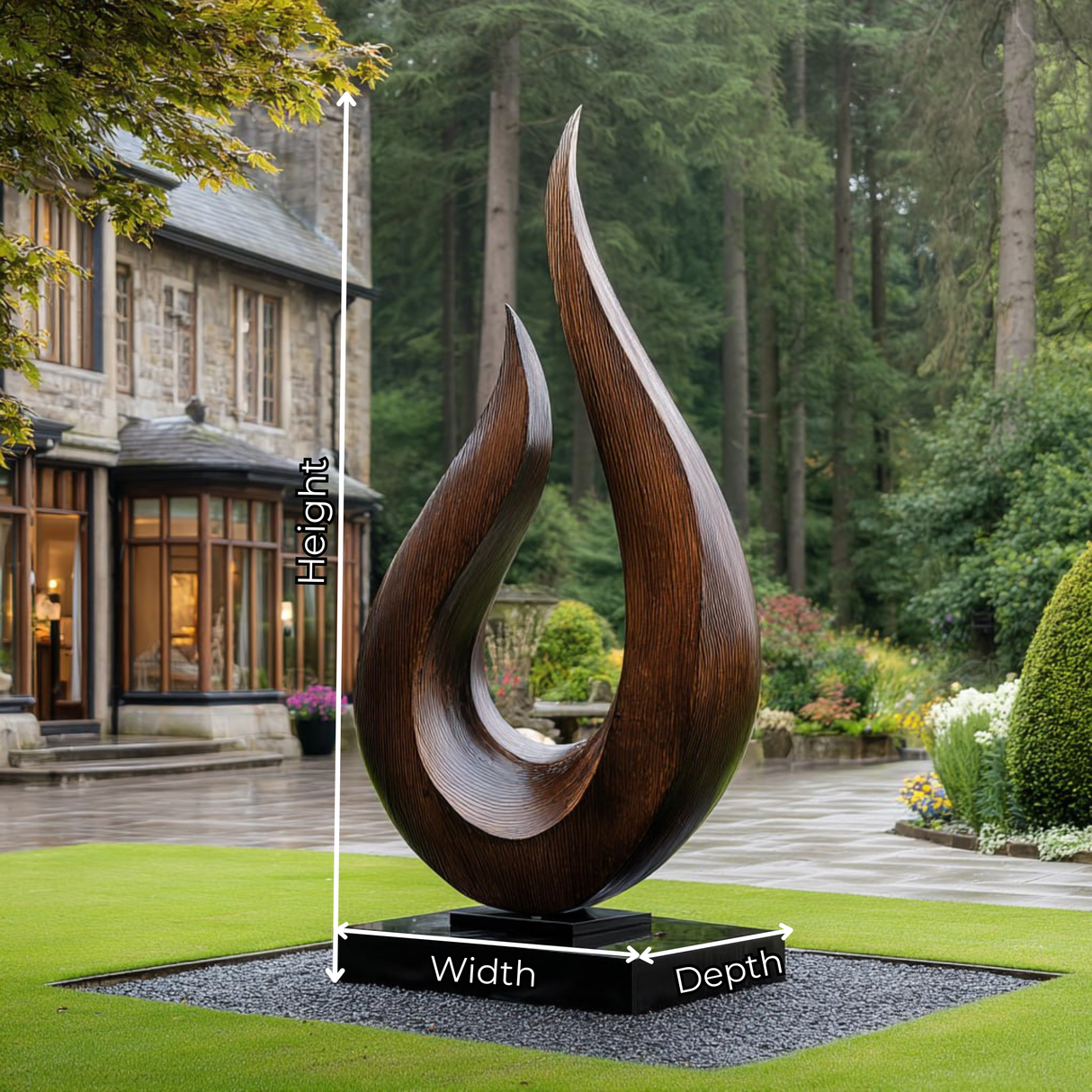 Monumental Solid Wood Garden Sculpture with Open Flame Form