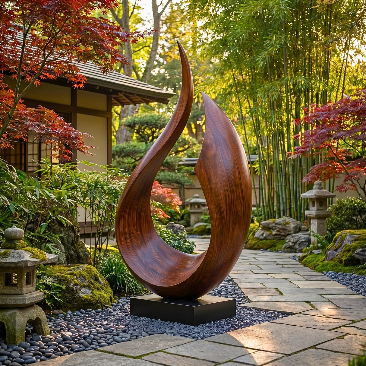 Handcrafted Solid Wood Outdoor Sculpture with Rising Open Arc Form