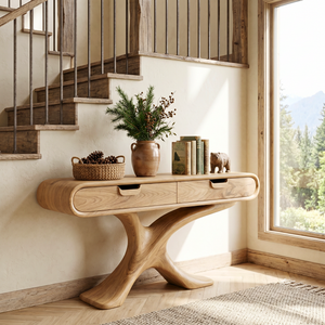 Handcrafted Live Edge Solid Wood Console Table with Sculptural Base
