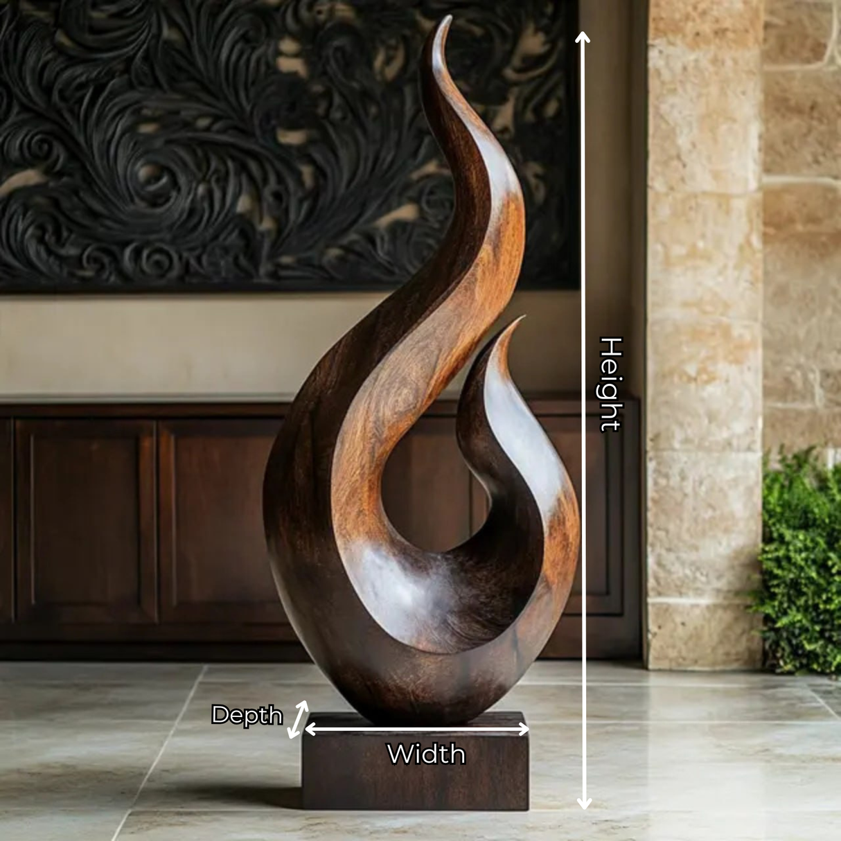 Handcrafted Solid Wood Twin Flame Floor Sculpture for Living Room Decor