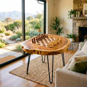 Handcrafted Solid Wood Chess Table with Live Edge Top and Hairpin Legs