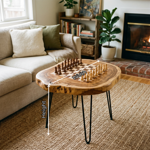 Handcrafted Solid Wood Chess Table with Live Edge Top and Hairpin Legs