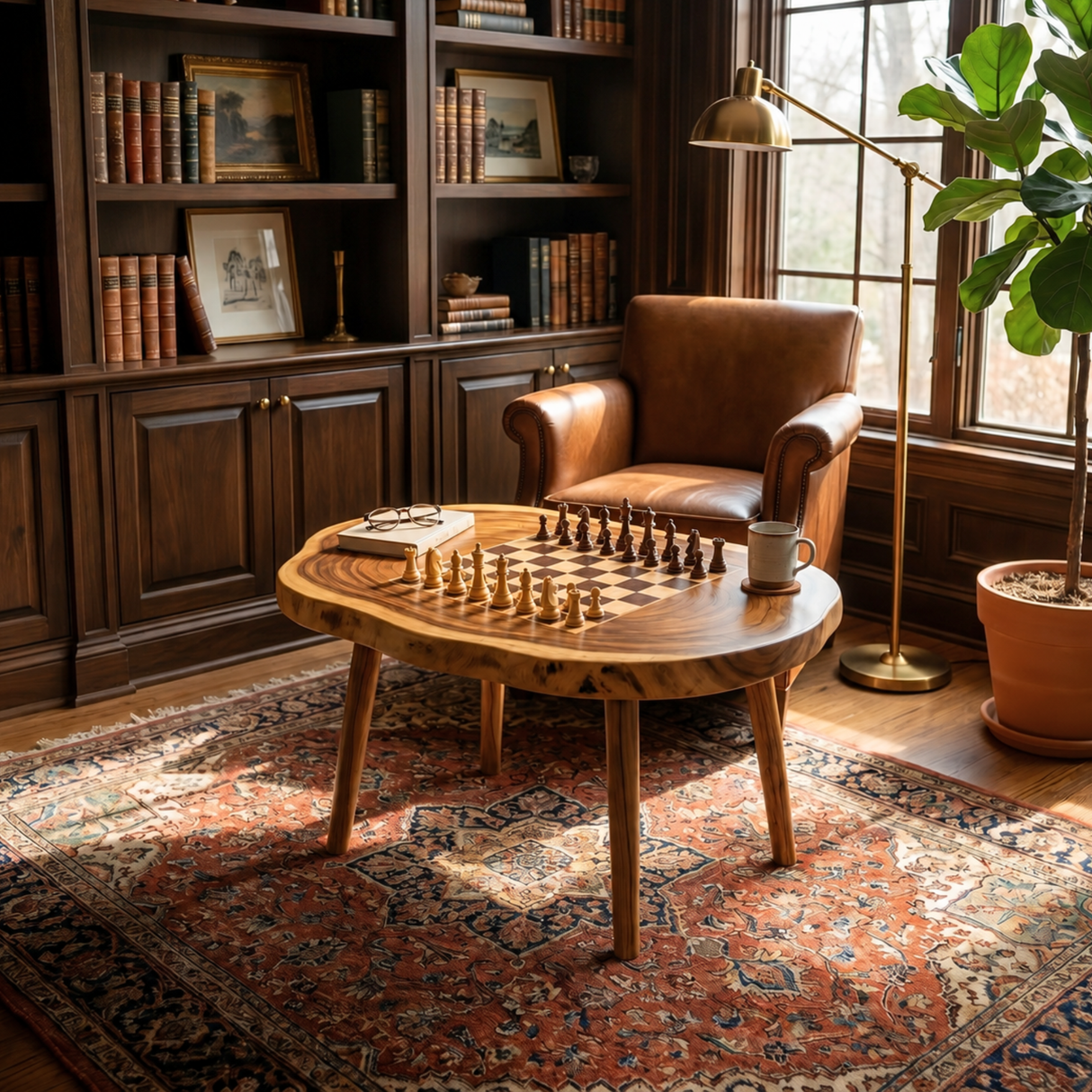 Handcrafted Solid Wood Oval Chess Coffee Table with Built In Board