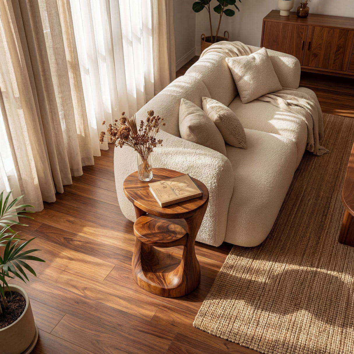 Solid Wood Side Table Two Tier Sculpted Arch Design for Living Room
