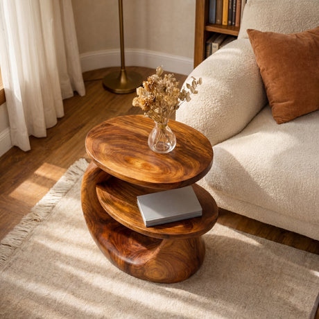 Side Table Solid Wood Two Tier Sculptural Design for Living Room
