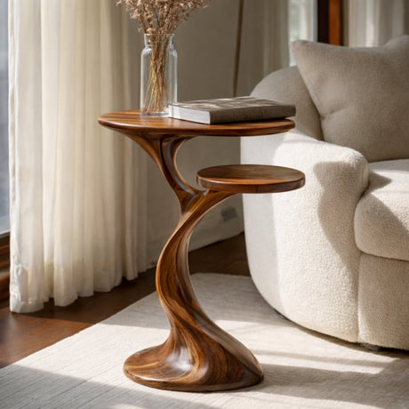 Solid Wood Two Tier Side Table Modern Sculpted Accent for Living Room Interior