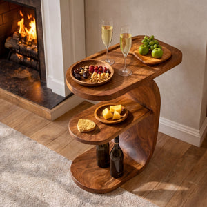 Living Room Entertaining Side Table with Tiered Solid Wood Design