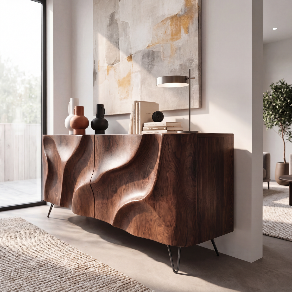 Sculpted Wavefront Solid Wood Credenza for Modern Living and Dining Rooms