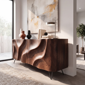 Sculpted Wavefront Solid Wood Credenza for Modern Living and Dining Rooms