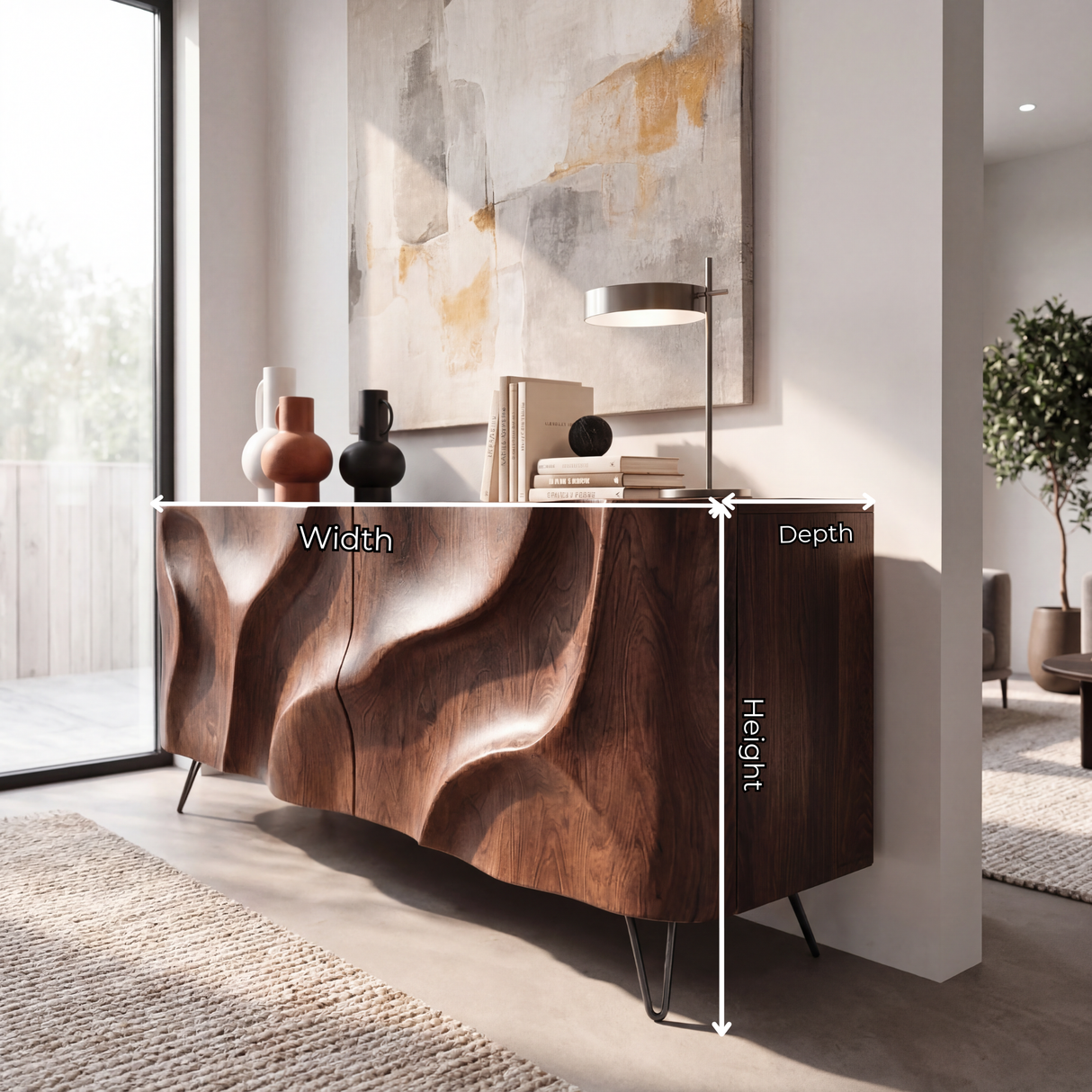 Sculpted Wavefront Solid Wood Credenza for Modern Living and Dining Rooms