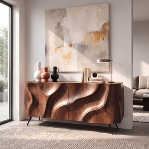 Sculpted Wavefront Solid Wood Credenza for Modern Living and Dining Rooms