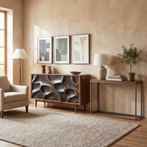 Sculpted Cavern Solid Wood Sideboard Cabinet for Living and Dining Room Storage
