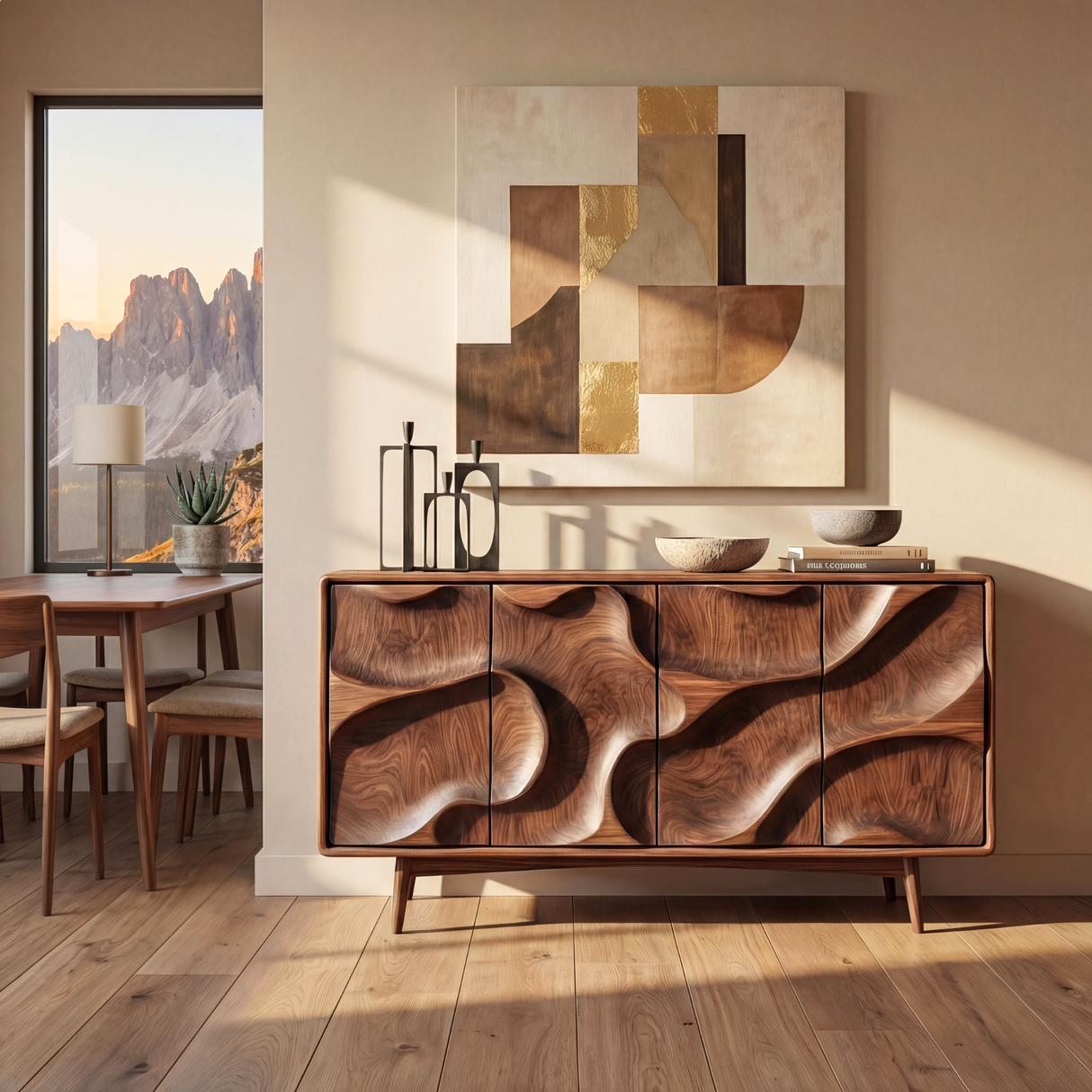 Organic Carved Solid Wood Sideboard Cabinet for Living and Dining Room Storage