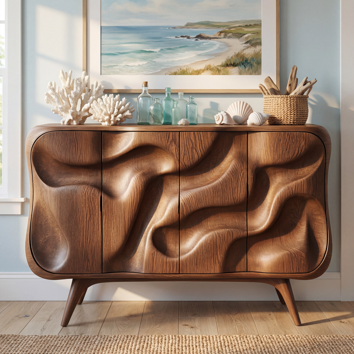 Curved Wavefront Solid Wood Credenza for Modern Living and Dining Room Storage