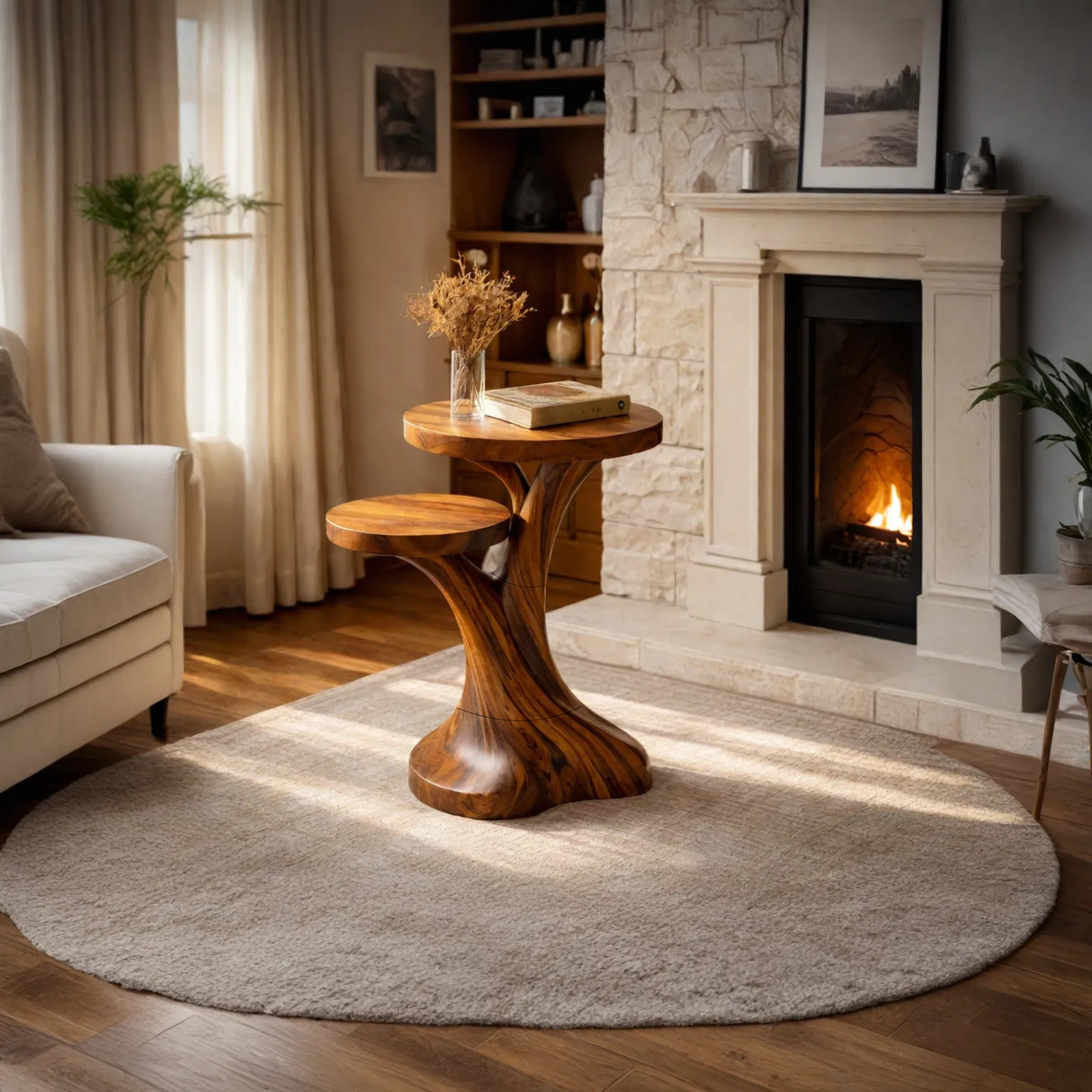 Solid Wood Two Tier Side Table Modern Sculpted Accent Piece