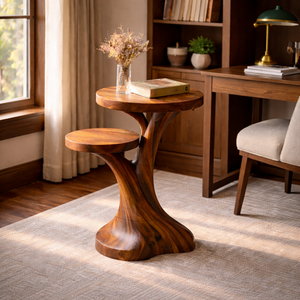 Solid Wood Two Tier Side Table Modern Sculpted Accent Piece