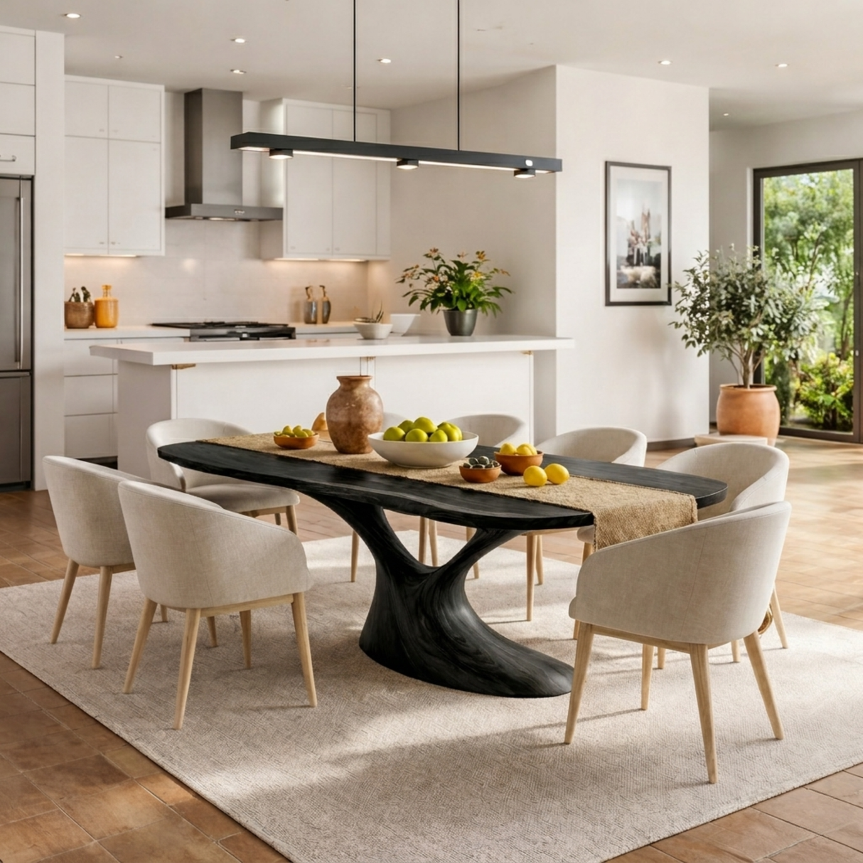 Organic Solid Wood Dining Table with Sculptural Flowing Base for Dining Room