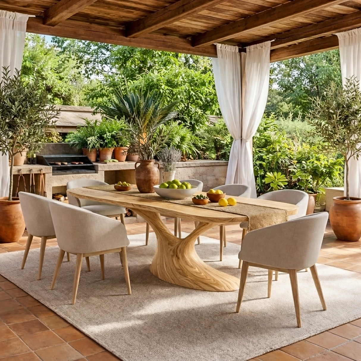 Organic Solid Wood Dining Table with Sculptural Flowing Base for Dining Room