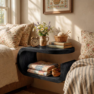 Handcrafted Solid Wood Floating Nightstand with Curved Open Storage for Bedroom