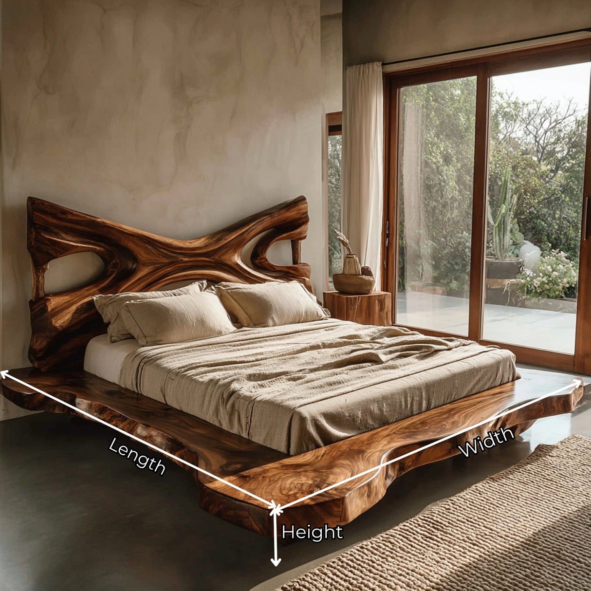 Handcrafted Solid Wood Live Edge Bed with Sculptural Open-Form Headboard