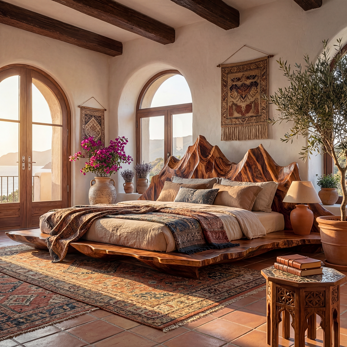 Handcrafted Solid Wood Sculptural Bed with Mountain-Inspired Headboard