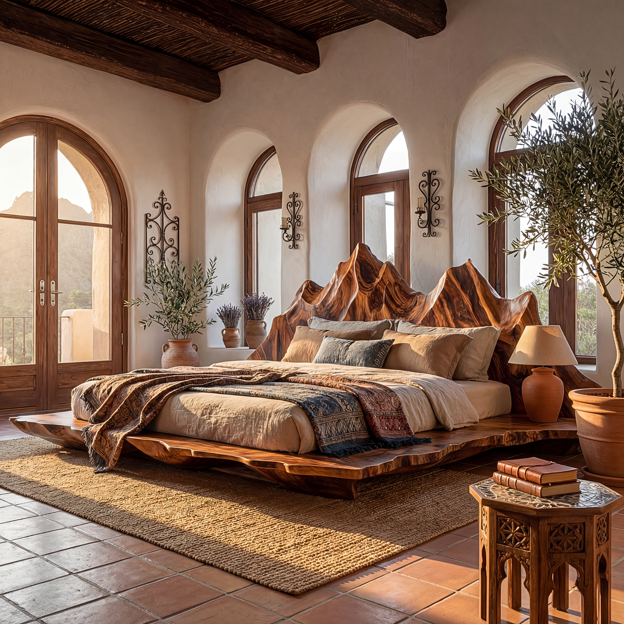 Handcrafted Solid Wood Sculptural Bed with Mountain-Inspired Headboard