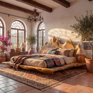 Handcrafted Solid Wood Sculptural Bed with Mountain-Inspired Headboard