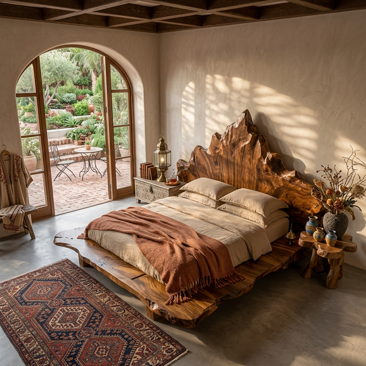 Handcrafted Solid Wood Platform Bed with Natural Live Edge and Sculptural Headboard
