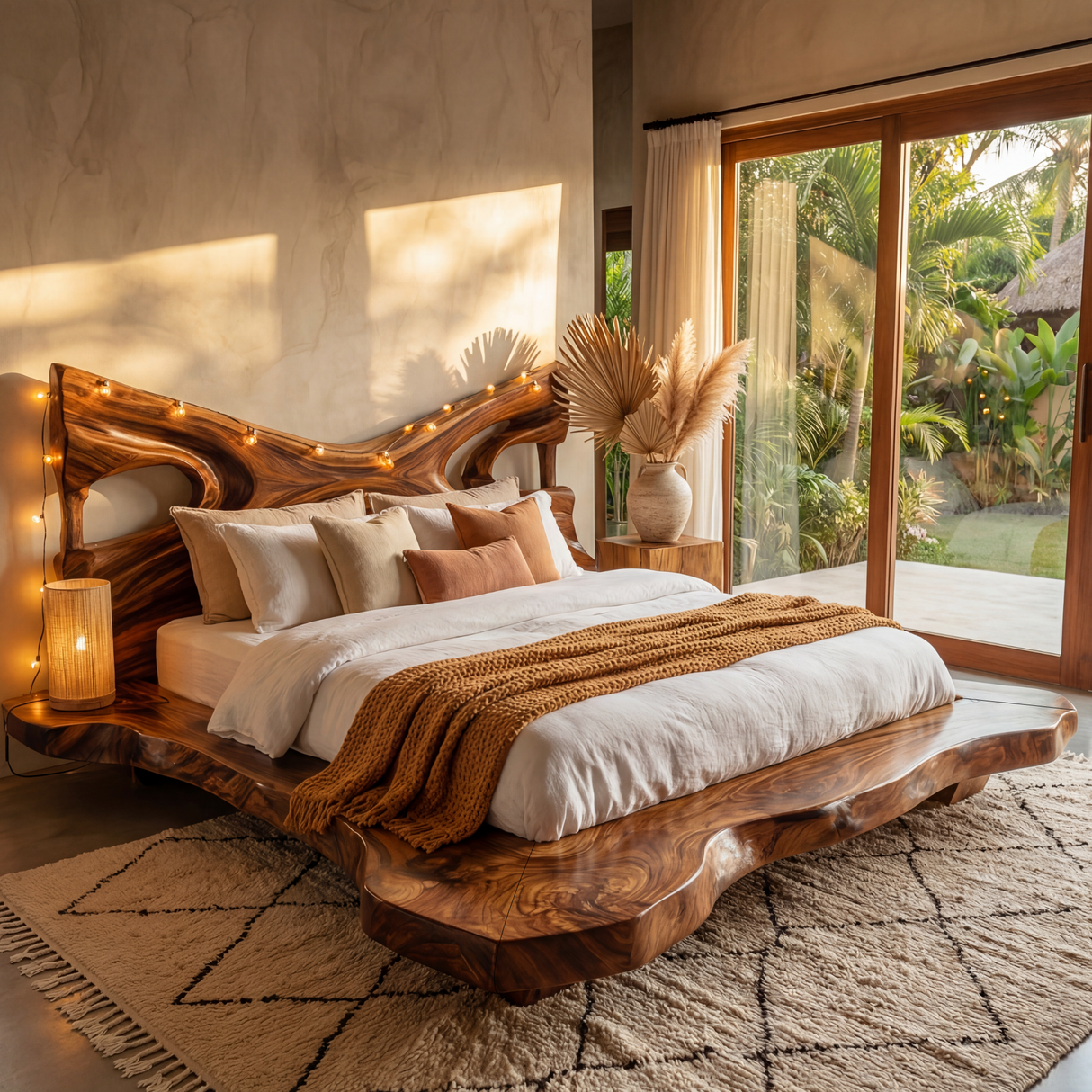 Handcrafted Solid Wood Live Edge Bed with Sculptural Open-Form Headboard