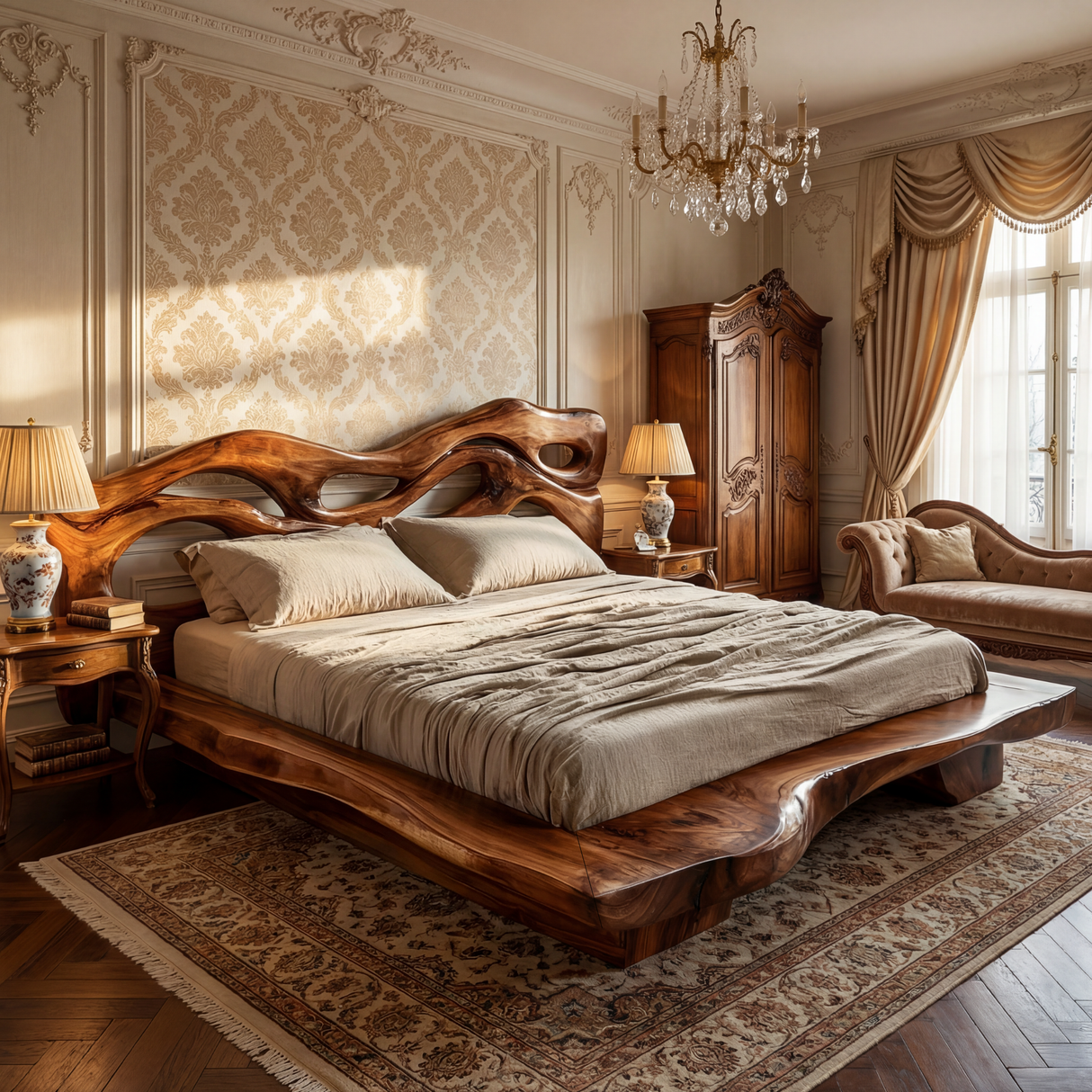 Solid Wood Sculptural Bed Frame with Organic Cutout Headboard Design