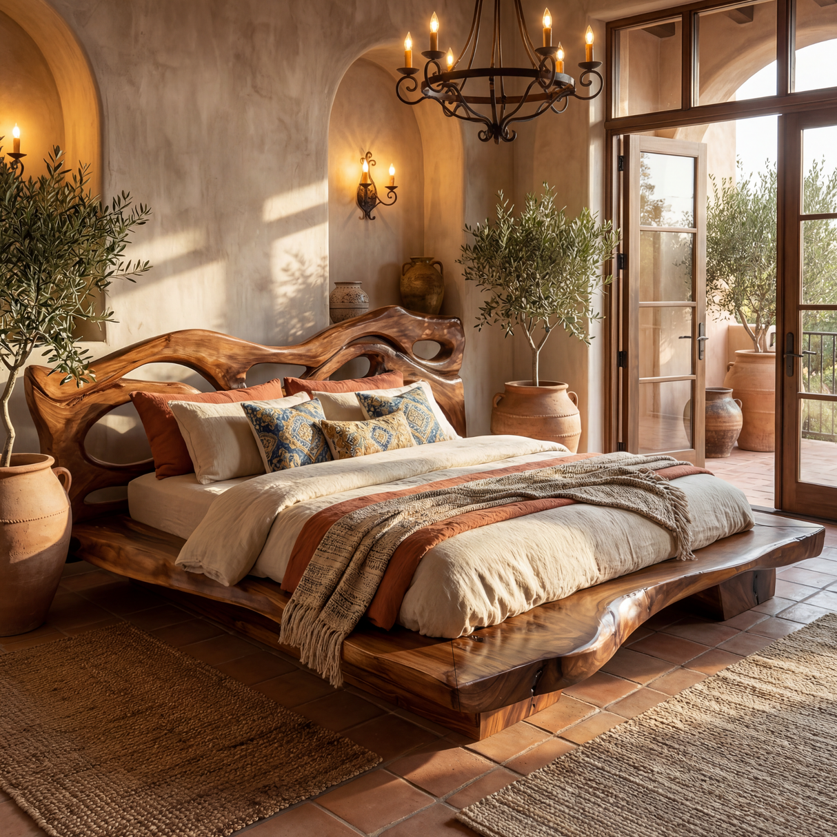 Solid Wood Sculptural Bed Frame with Organic Cutout Headboard Design