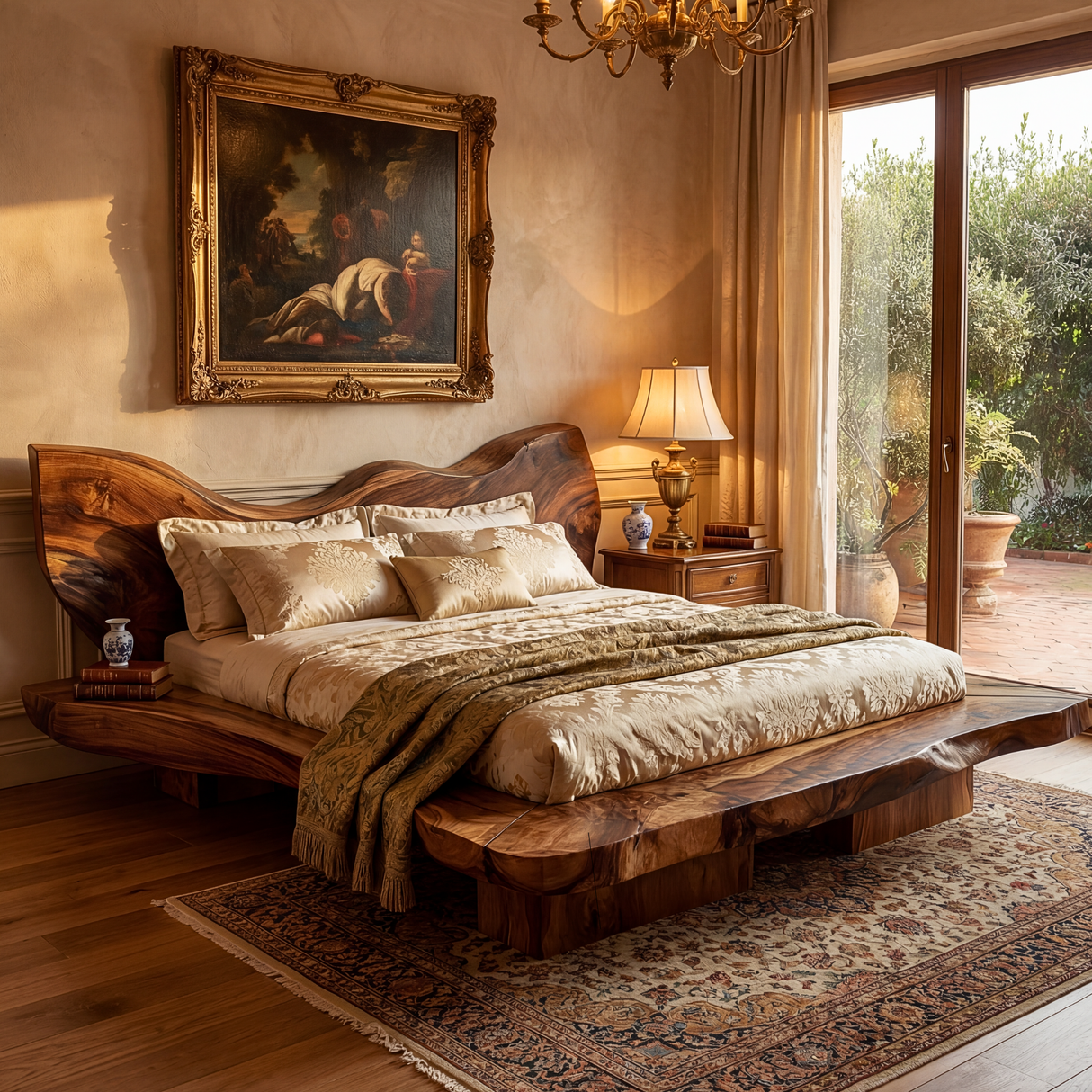 Organic Solid Wood Platform Bed with Flowing Natural Contour Headboard