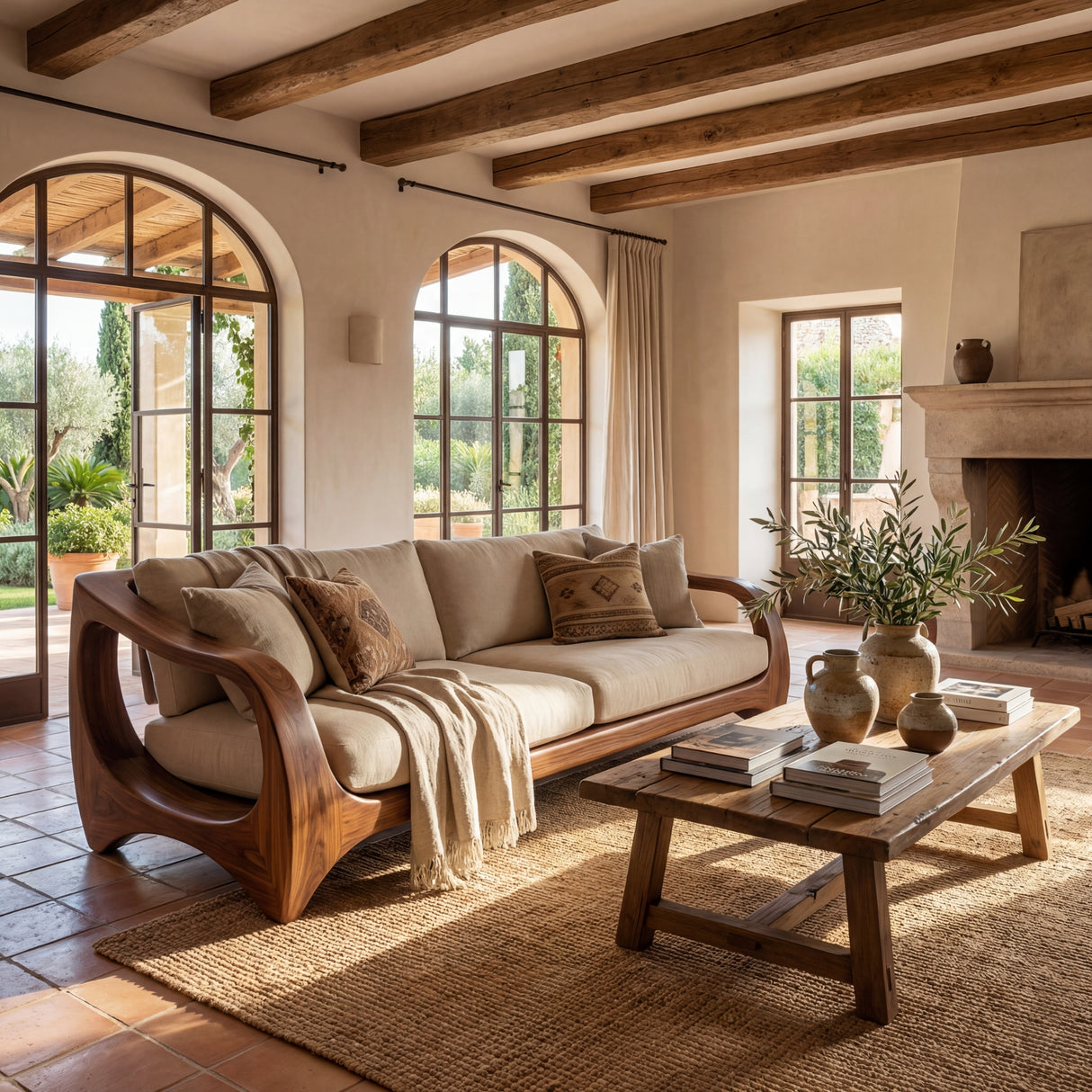 Handcrafted Solid Wood Sofa with Open Sculptural Arms for Living Room